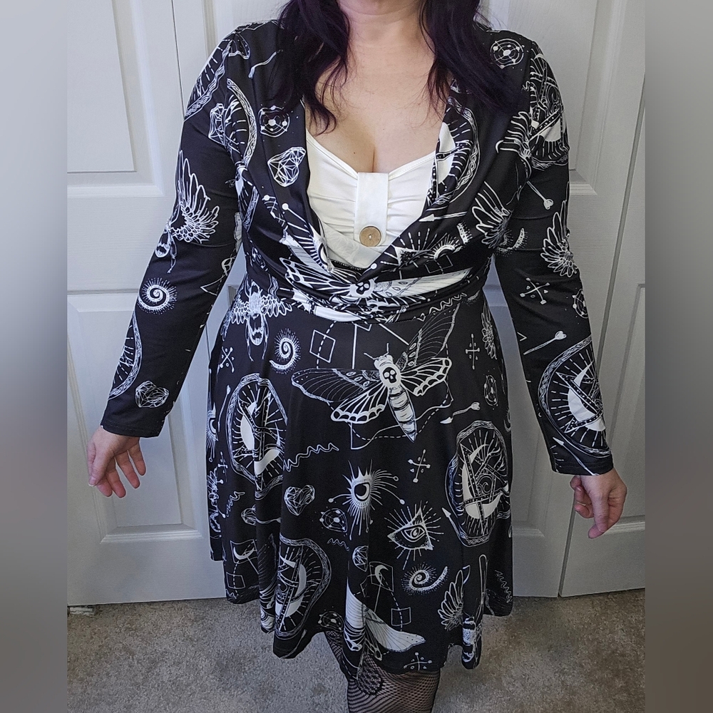 Gothic Black White Death Moth Mystical Print Dress Sz XXL